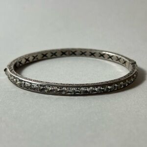 Art Deco Antique Sterling Silver and Rhinestone Hinged Bangle Bracelet